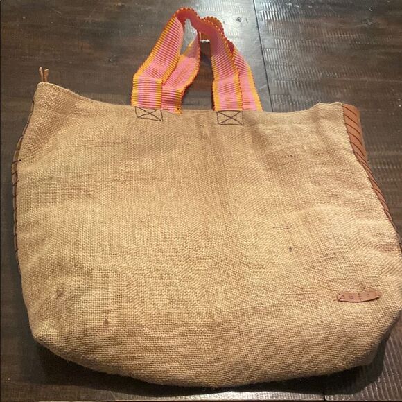 Dutzi large vintage burlap tote Pink and Orange Handles - Picture 1 of 10